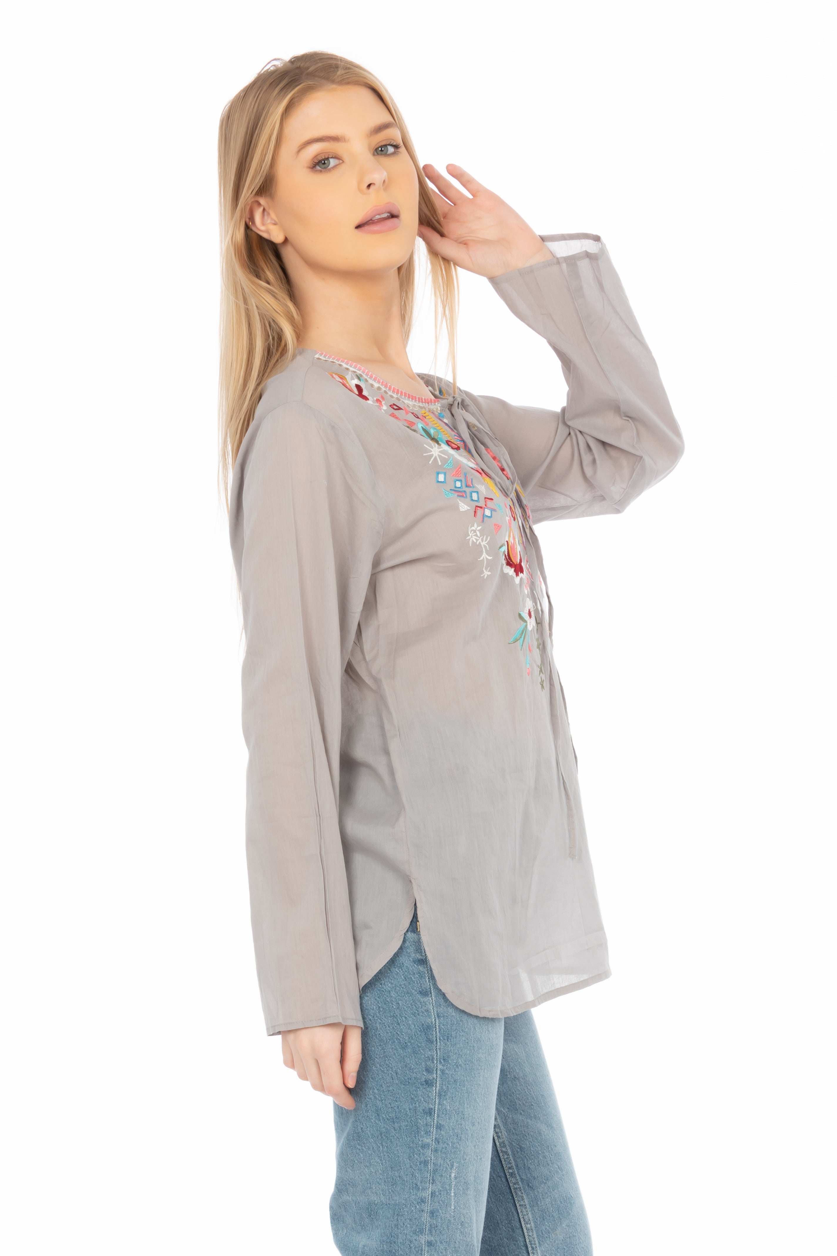 Gray Boho Blouse with Draw Strings and Embroidery