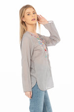 Load image into Gallery viewer, Gray Boho Blouse with Draw Strings and Embroidery
