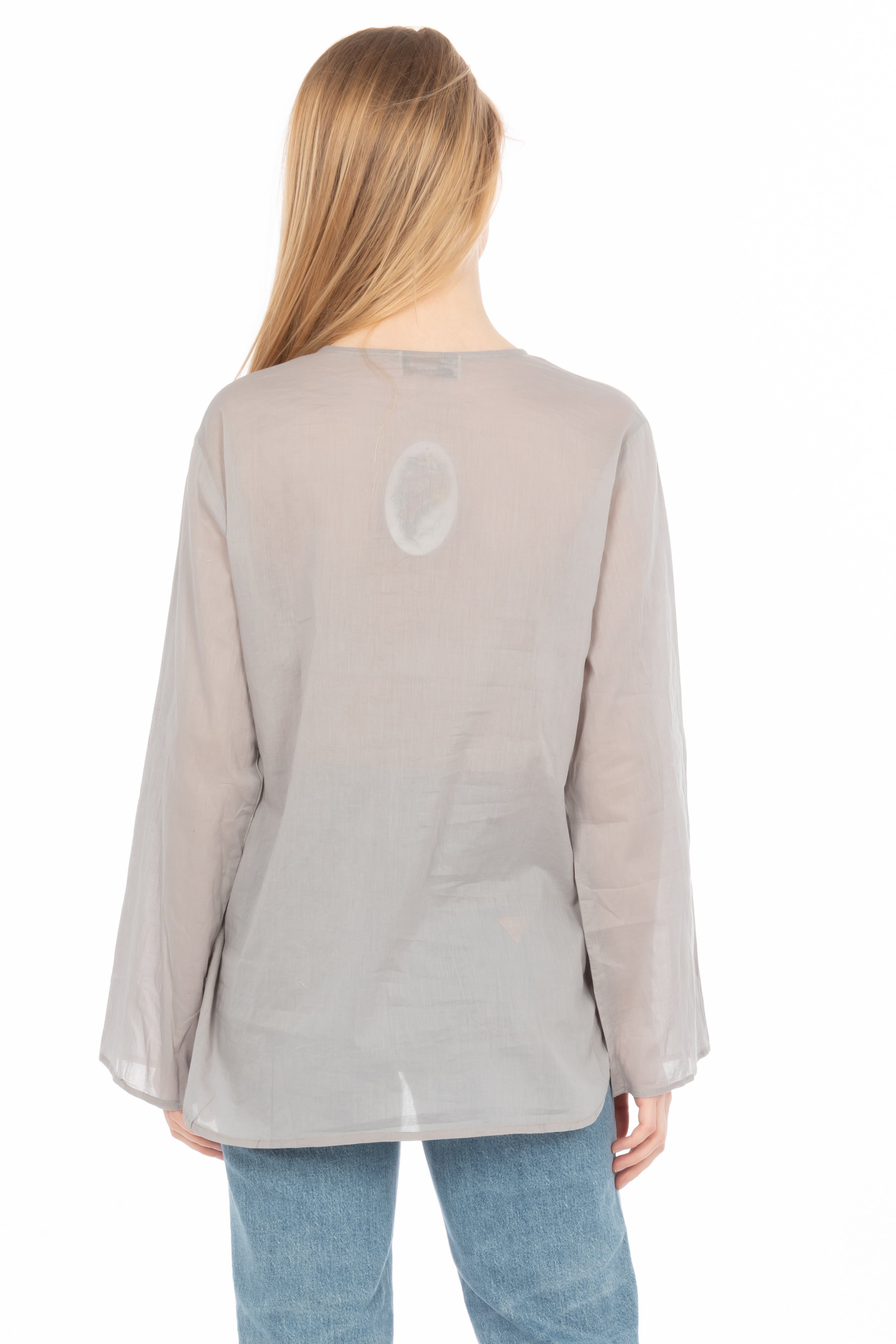 Gray Boho Blouse with Draw Strings and Embroidery