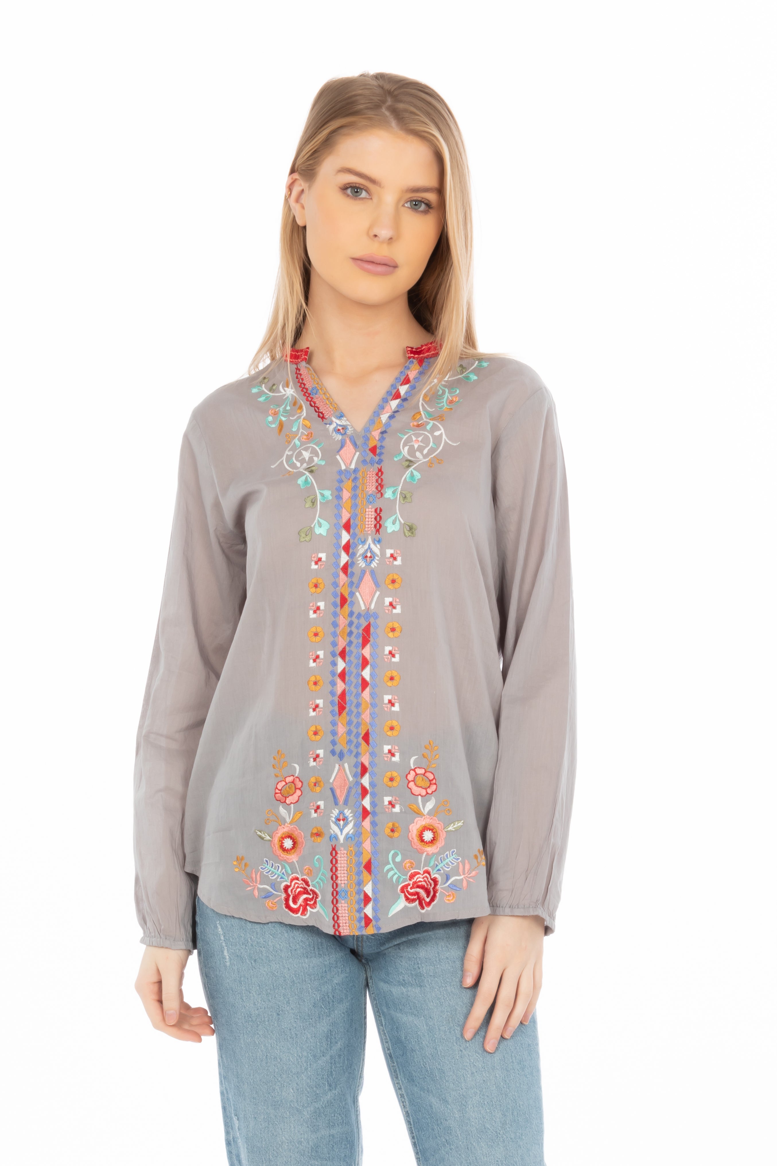 Gray Boho Blouse with Floral Embroidery