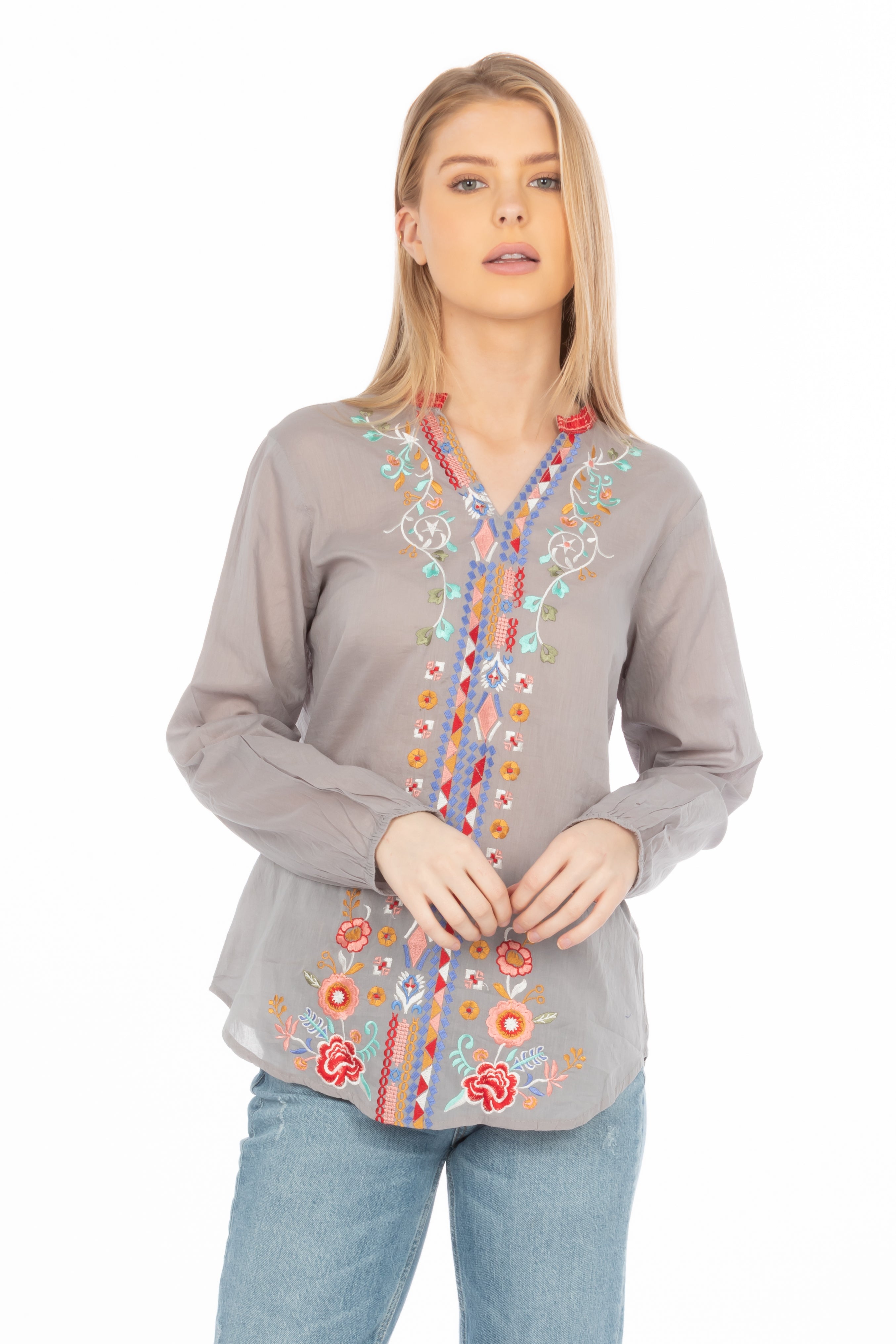 Gray Boho Blouse with Floral Embroidery