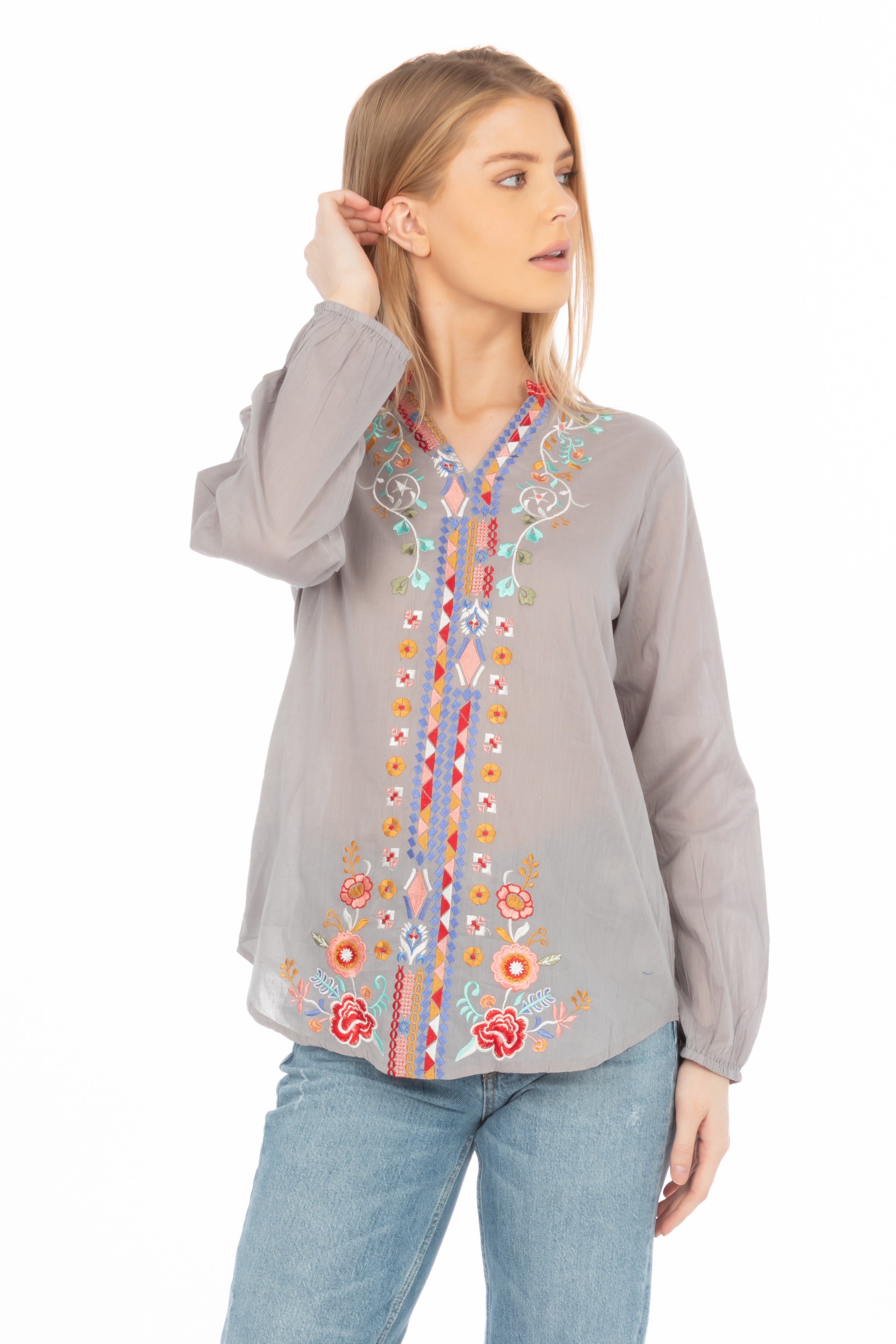 Gray Boho Blouse with Floral Embroidery