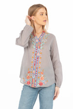 Load image into Gallery viewer, Gray Boho Blouse with Floral Embroidery
