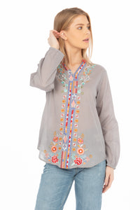 Gray Boho Blouse with Floral Embroidery