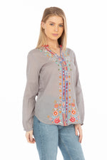 Load image into Gallery viewer, Gray Boho Blouse with Floral Embroidery
