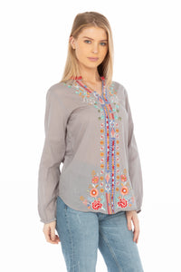 Gray Boho Blouse with Floral Embroidery