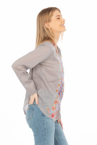 Gray Boho Blouse with Floral Embroidery