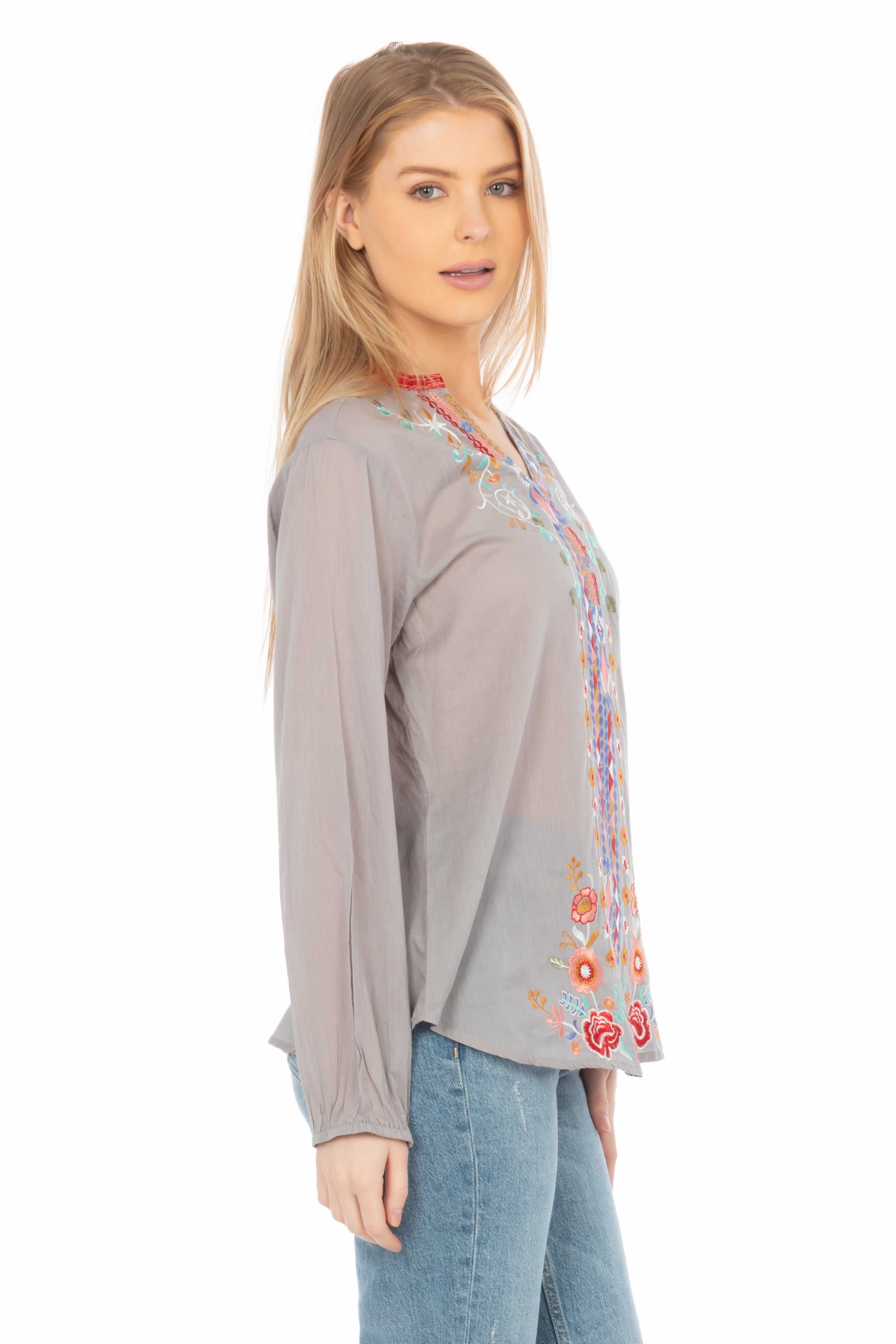 Gray Boho Blouse with Floral Embroidery