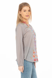 Gray Boho Blouse with Floral Embroidery