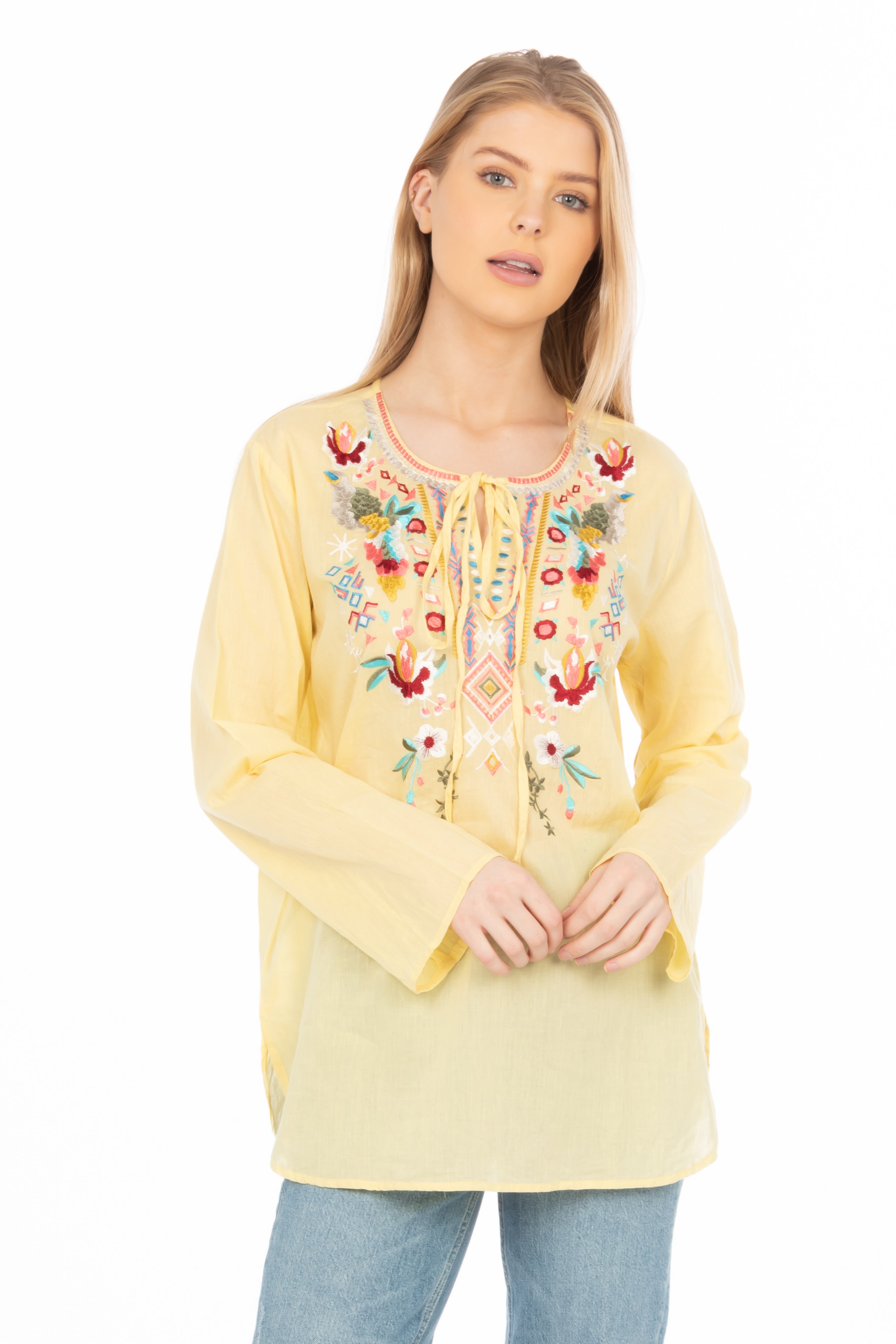 Yellow Boho Blouse with Draw Strings and Embroidery