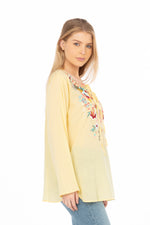 Load image into Gallery viewer, Yellow Boho Blouse with Draw Strings and Embroidery
