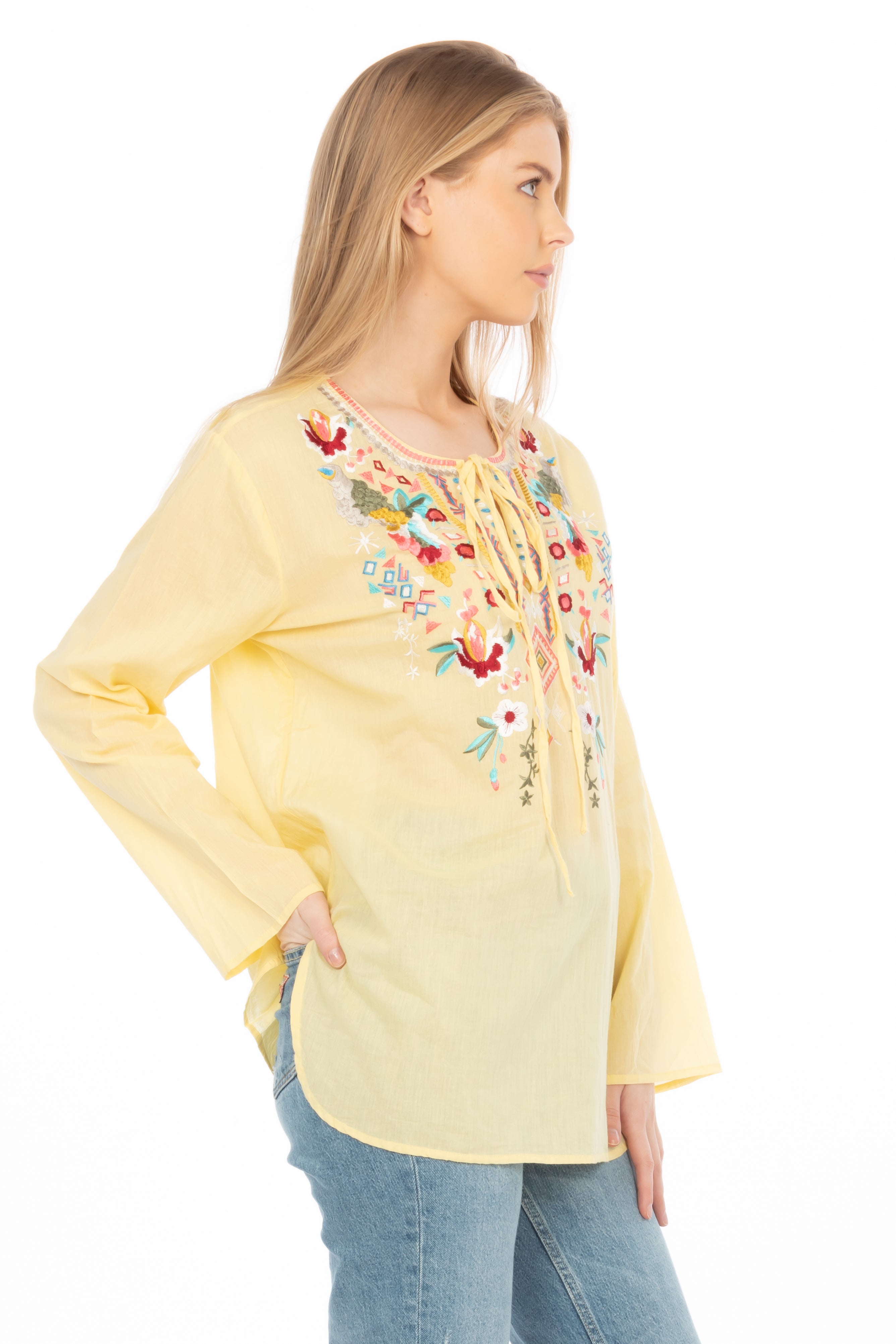 Yellow Boho Blouse with Draw Strings and Embroidery