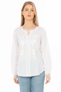 White Boho Blouse with Floral Embroidery and Drawstrings