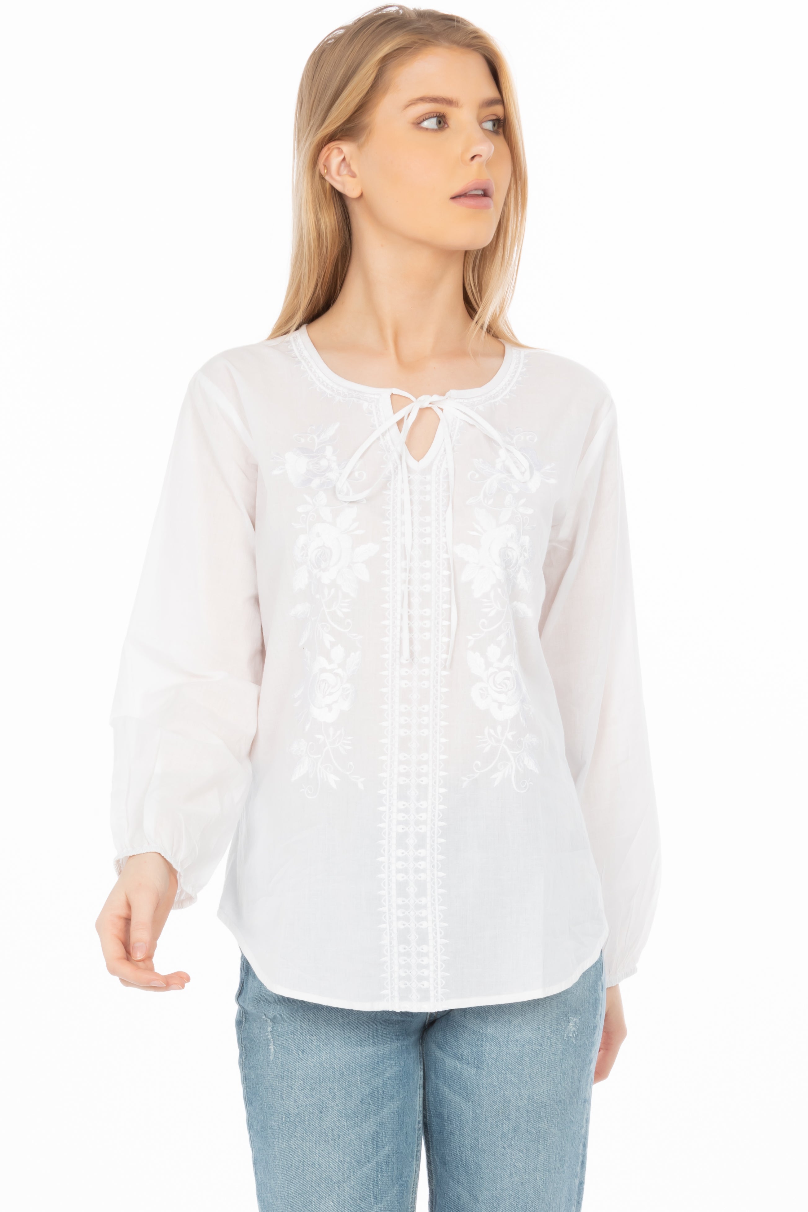 White Boho Blouse with Floral Embroidery and Drawstrings