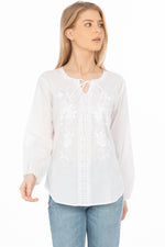 Load image into Gallery viewer, White Boho Blouse with Floral Embroidery and Drawstrings
