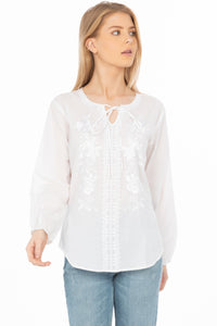 White Boho Blouse with Floral Embroidery and Drawstrings