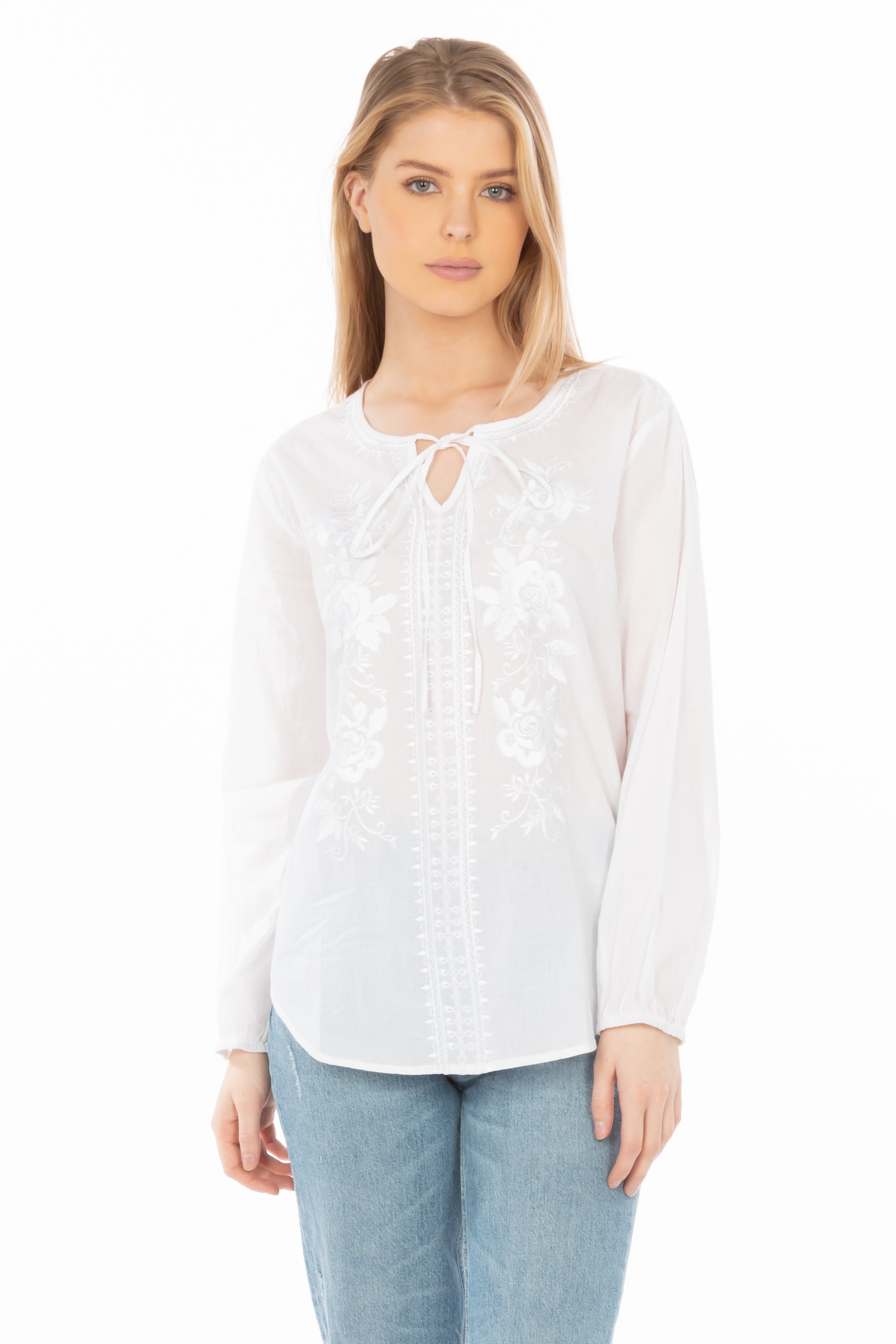 White Boho Blouse with Floral Embroidery and Drawstrings