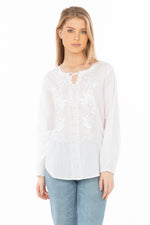 Load image into Gallery viewer, White Boho Blouse with Floral Embroidery and Drawstrings
