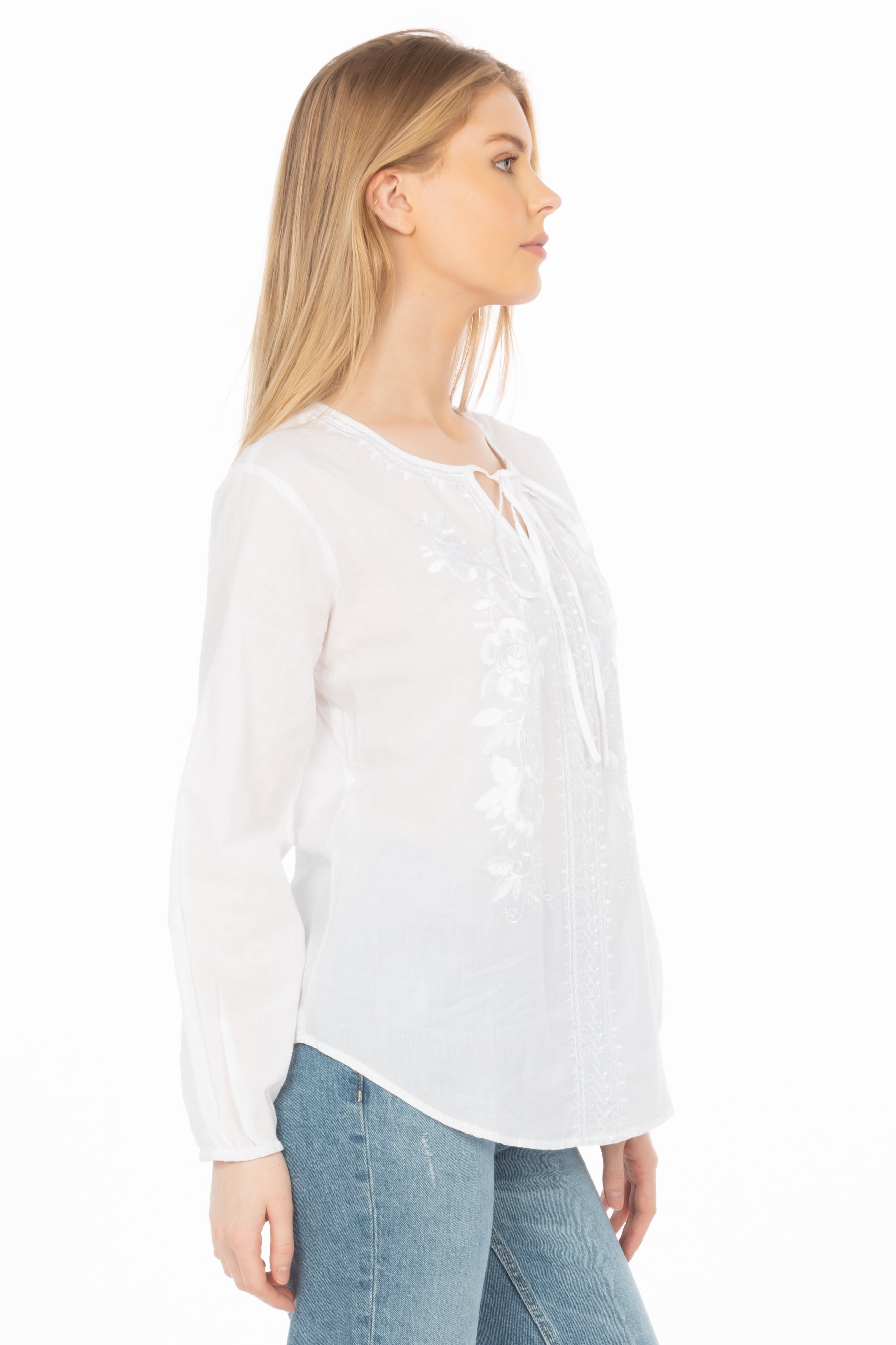 White Boho Blouse with Floral Embroidery and Drawstrings