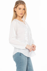 White Boho Blouse with Floral Embroidery and Drawstrings