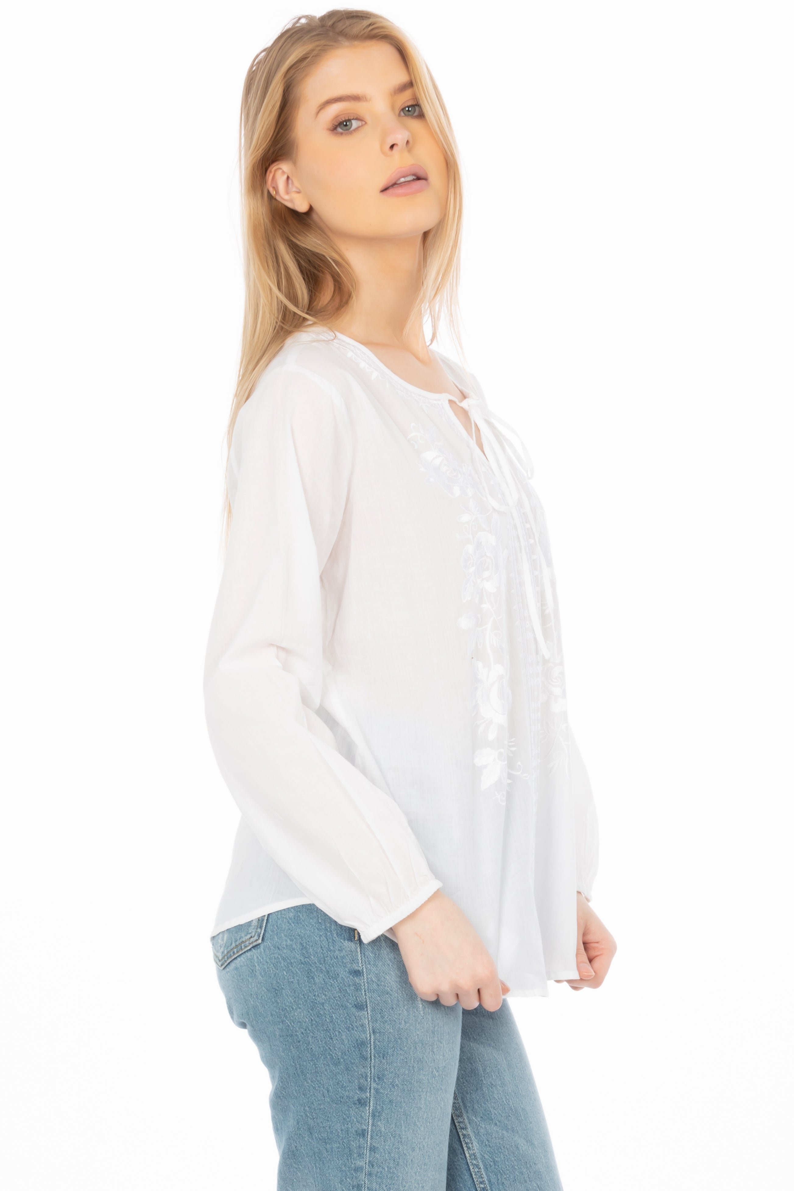 White Boho Blouse with Floral Embroidery and Drawstrings