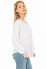 Load image into Gallery viewer, White Boho Blouse with Floral Embroidery and Drawstrings
