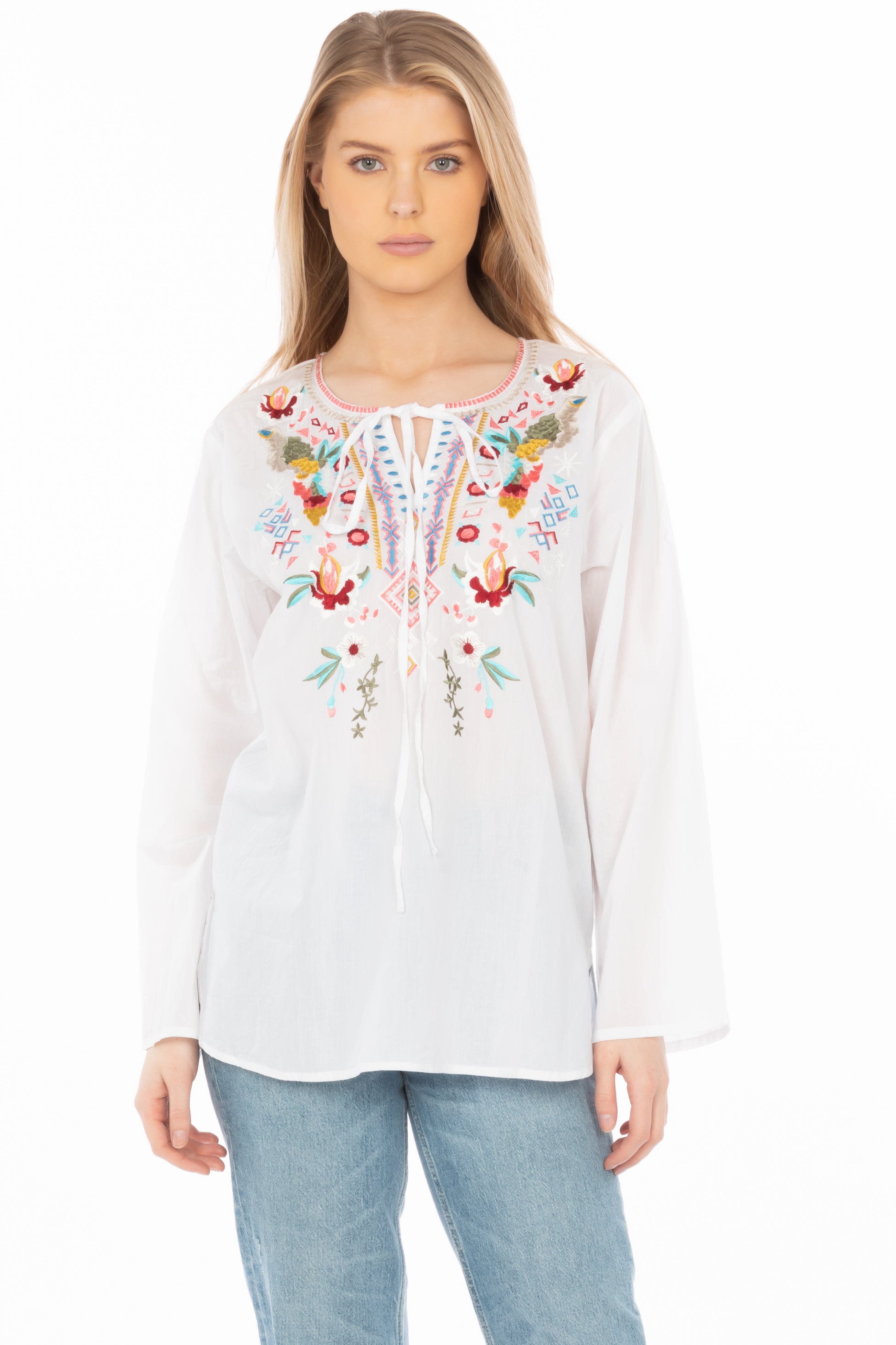 White Boho Blouse with Floral Embroidery and Drawstrings