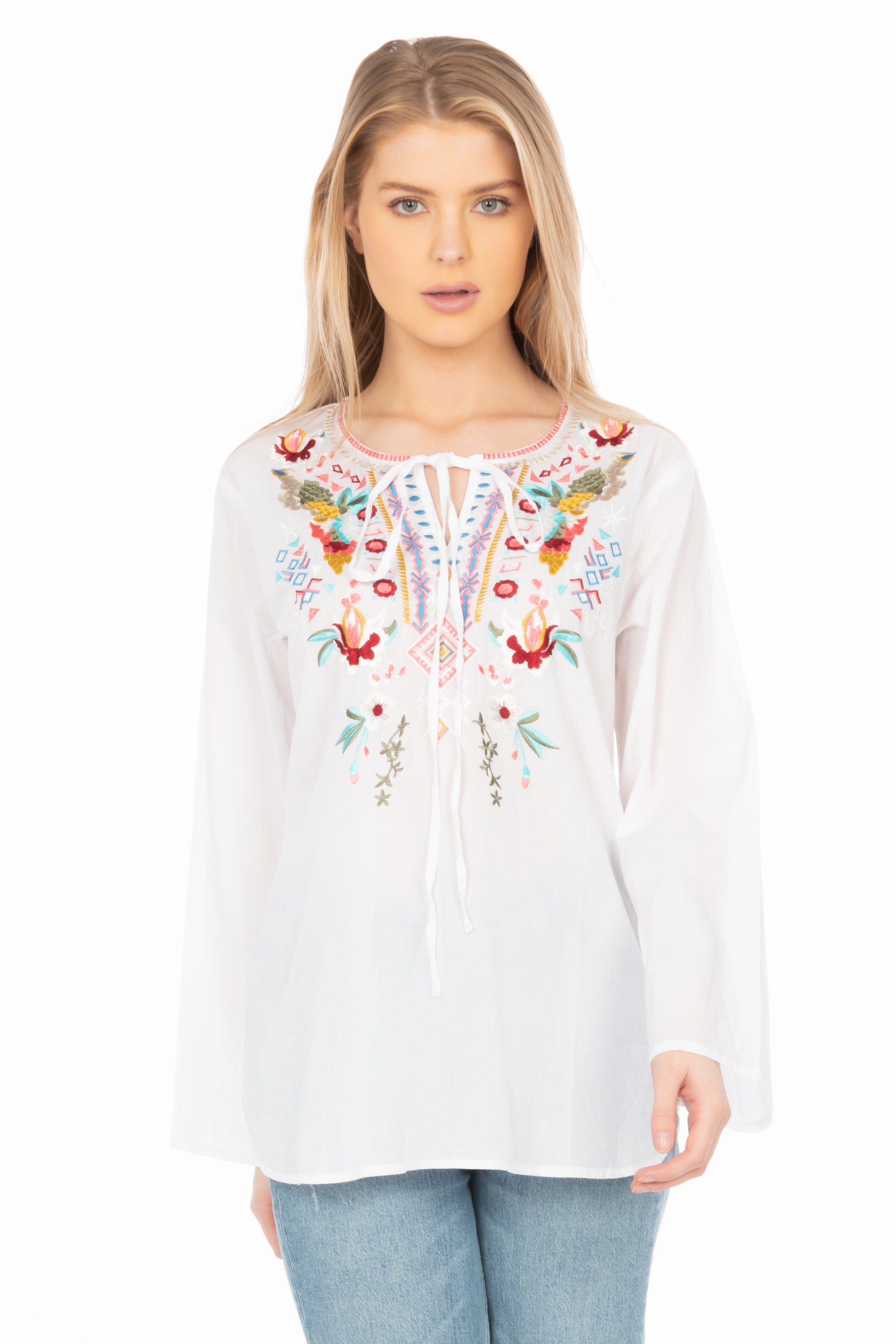 White Boho Blouse with Floral Embroidery and Drawstrings