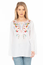 Load image into Gallery viewer, White Boho Blouse with Floral Embroidery and Drawstrings
