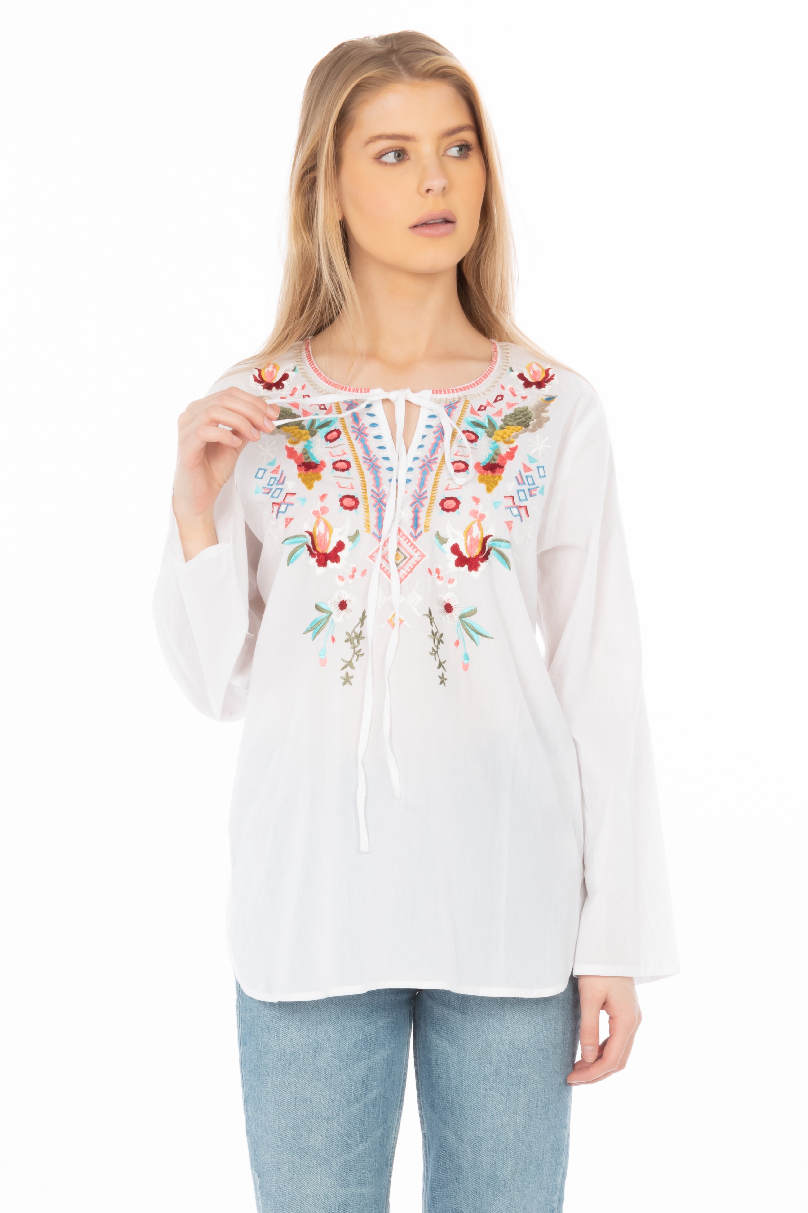 White Boho Blouse with Floral Embroidery and Drawstrings