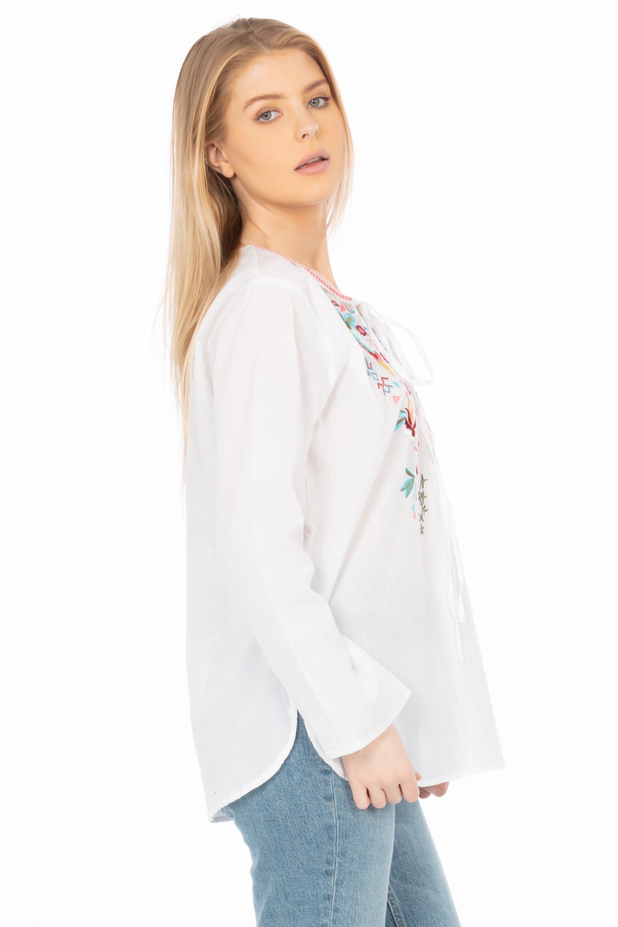 White Boho Blouse with Floral Embroidery and Drawstrings