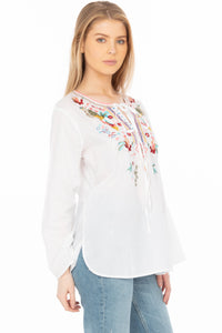 White Boho Blouse with Floral Embroidery and Drawstrings