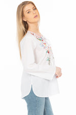 Load image into Gallery viewer, White Boho Blouse with Floral Embroidery and Drawstrings
