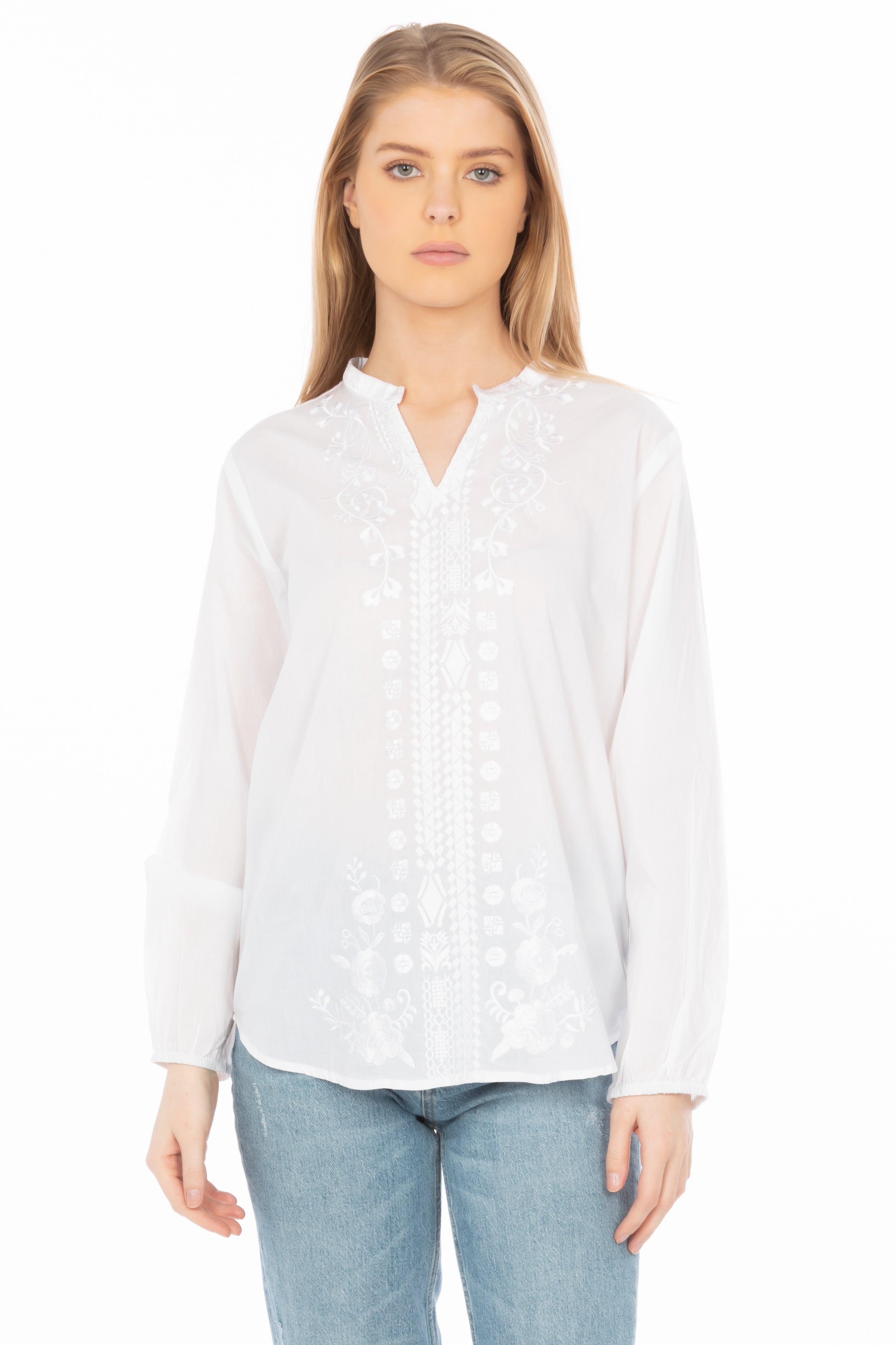 White Boho Blouse with Floral Embroidery and Drawstrings