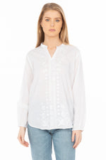 Load image into Gallery viewer, White Boho Blouse with Floral Embroidery and Drawstrings
