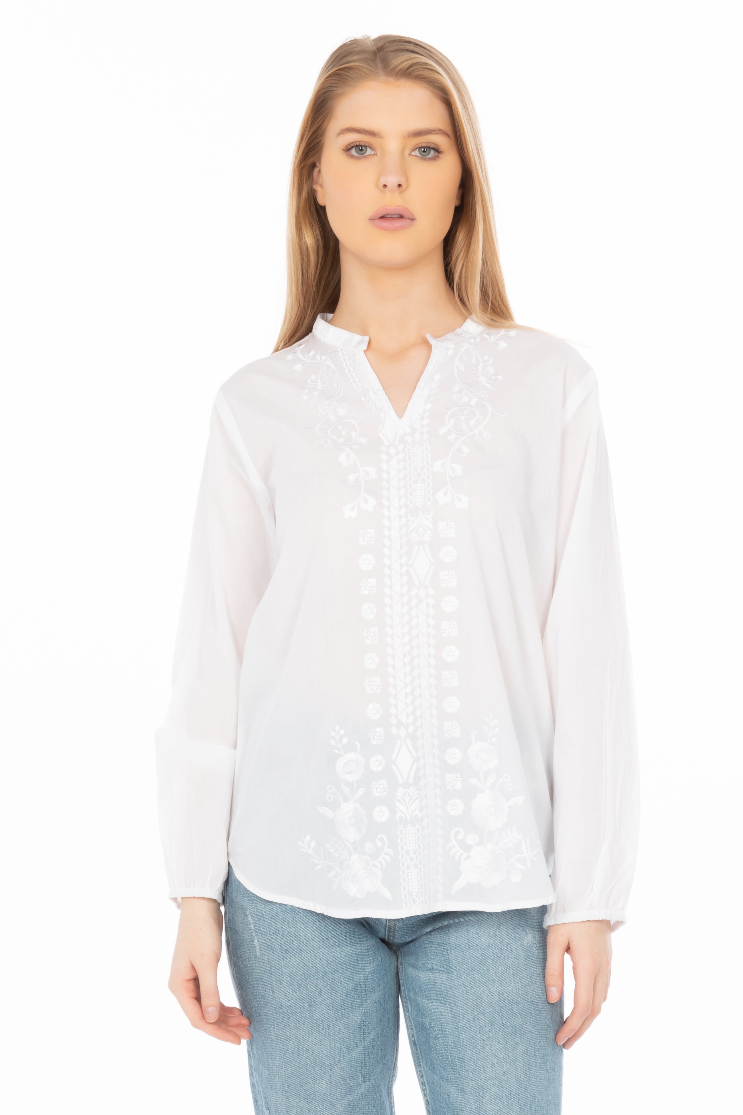 White Boho Blouse with Floral Embroidery and Drawstrings