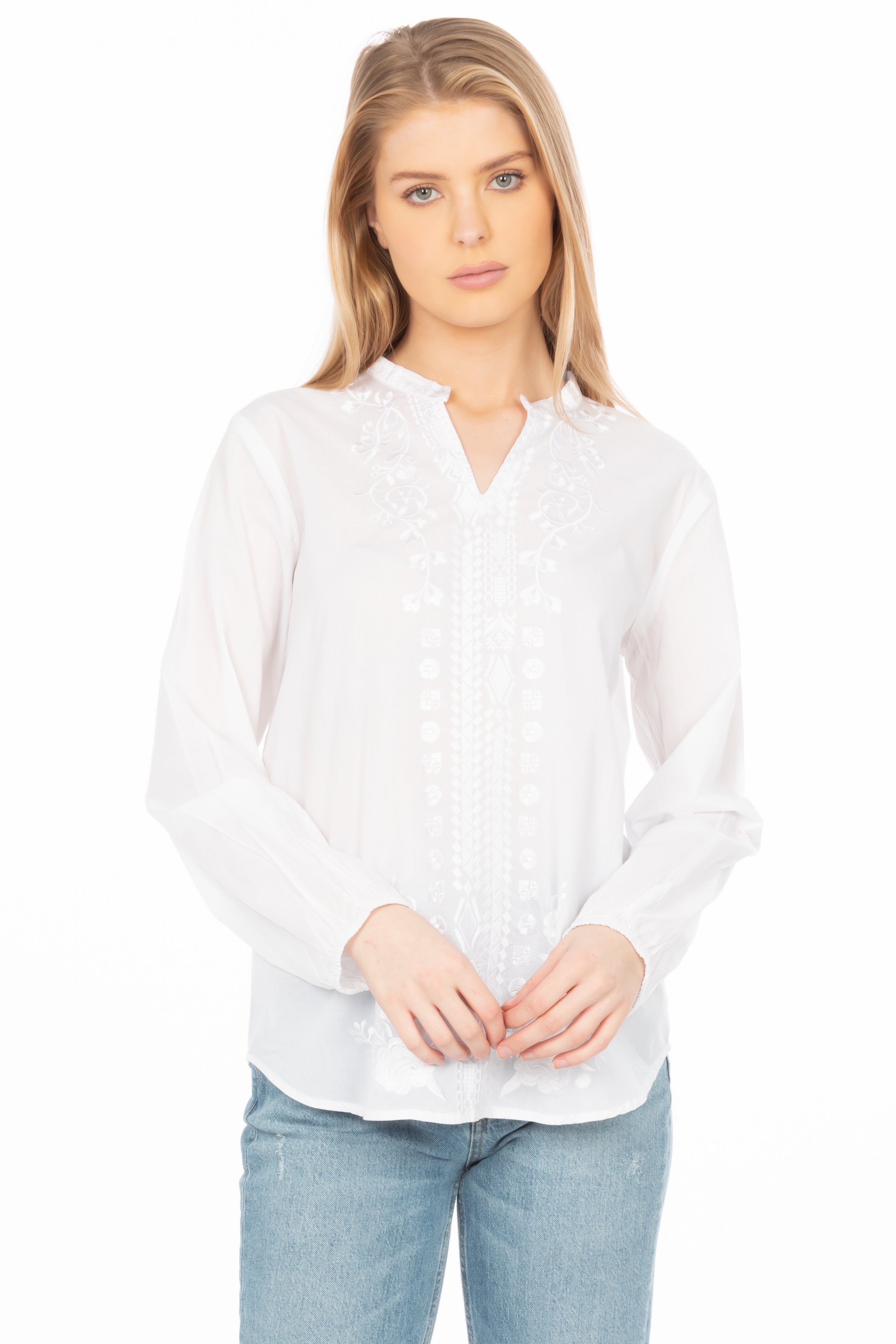 White Boho Blouse with Floral Embroidery and Drawstrings