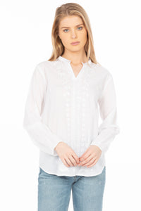 White Boho Blouse with Floral Embroidery and Drawstrings