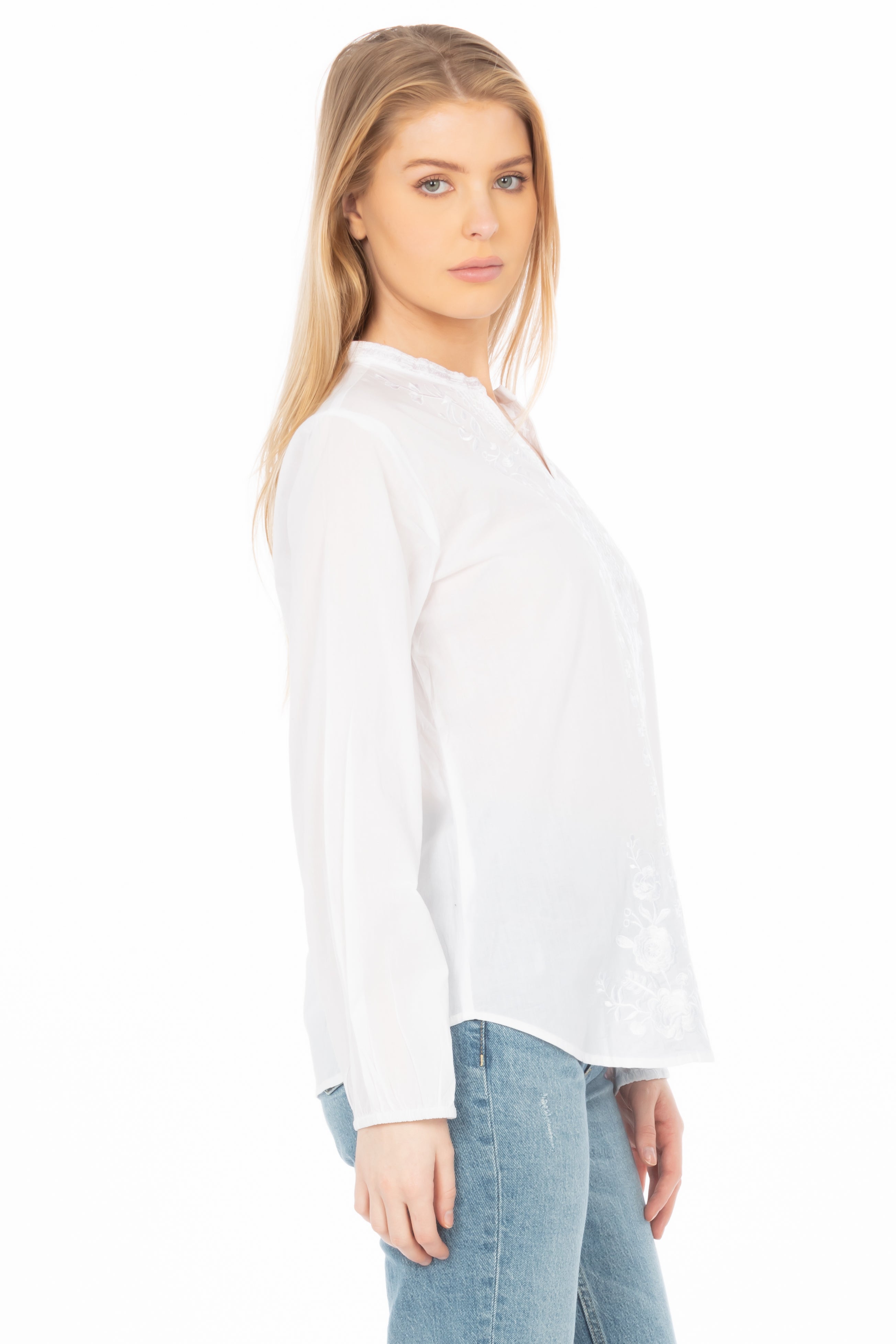 White Boho Blouse with Floral Embroidery and Drawstrings