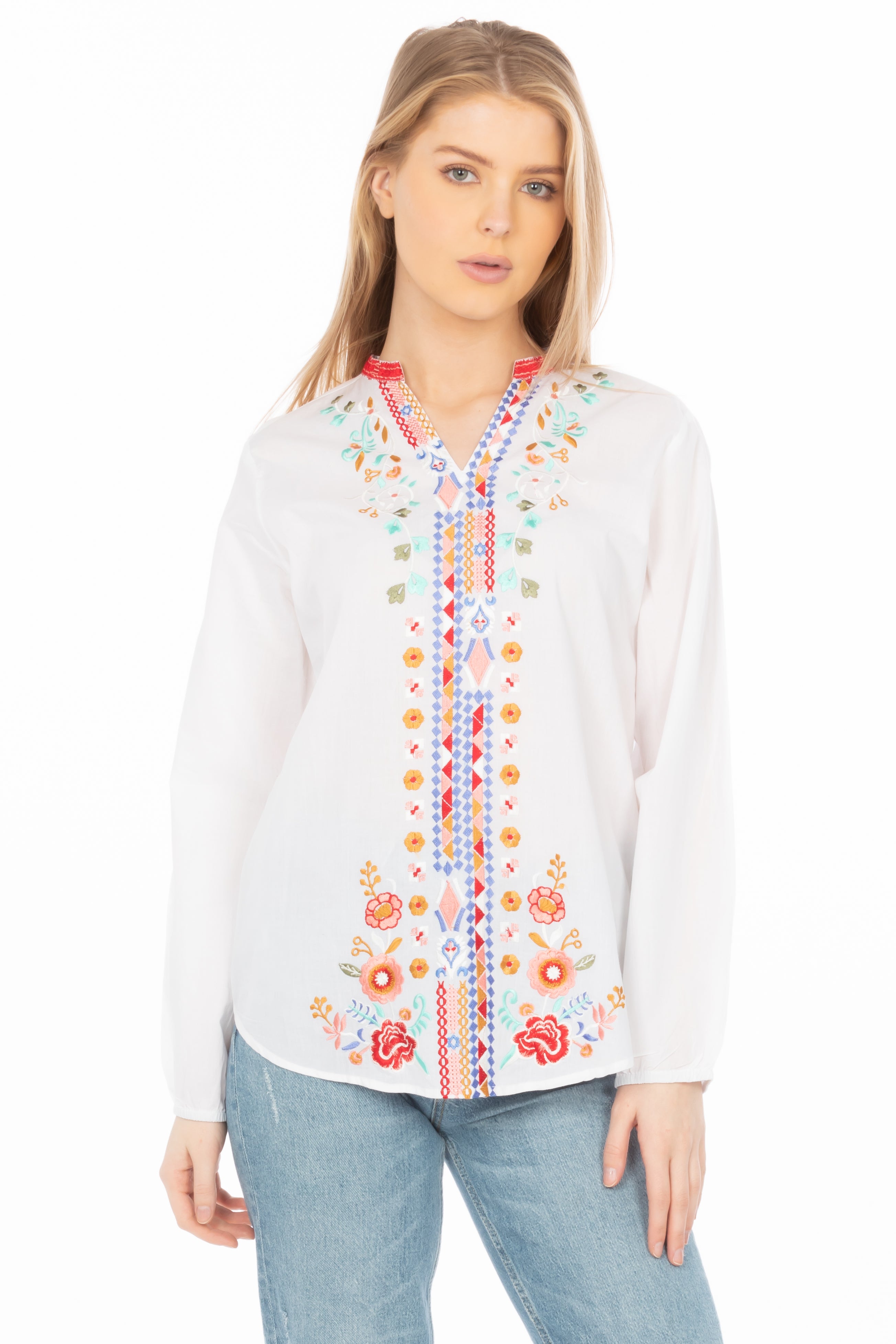 White Boho Blouse with Floral Embroidery