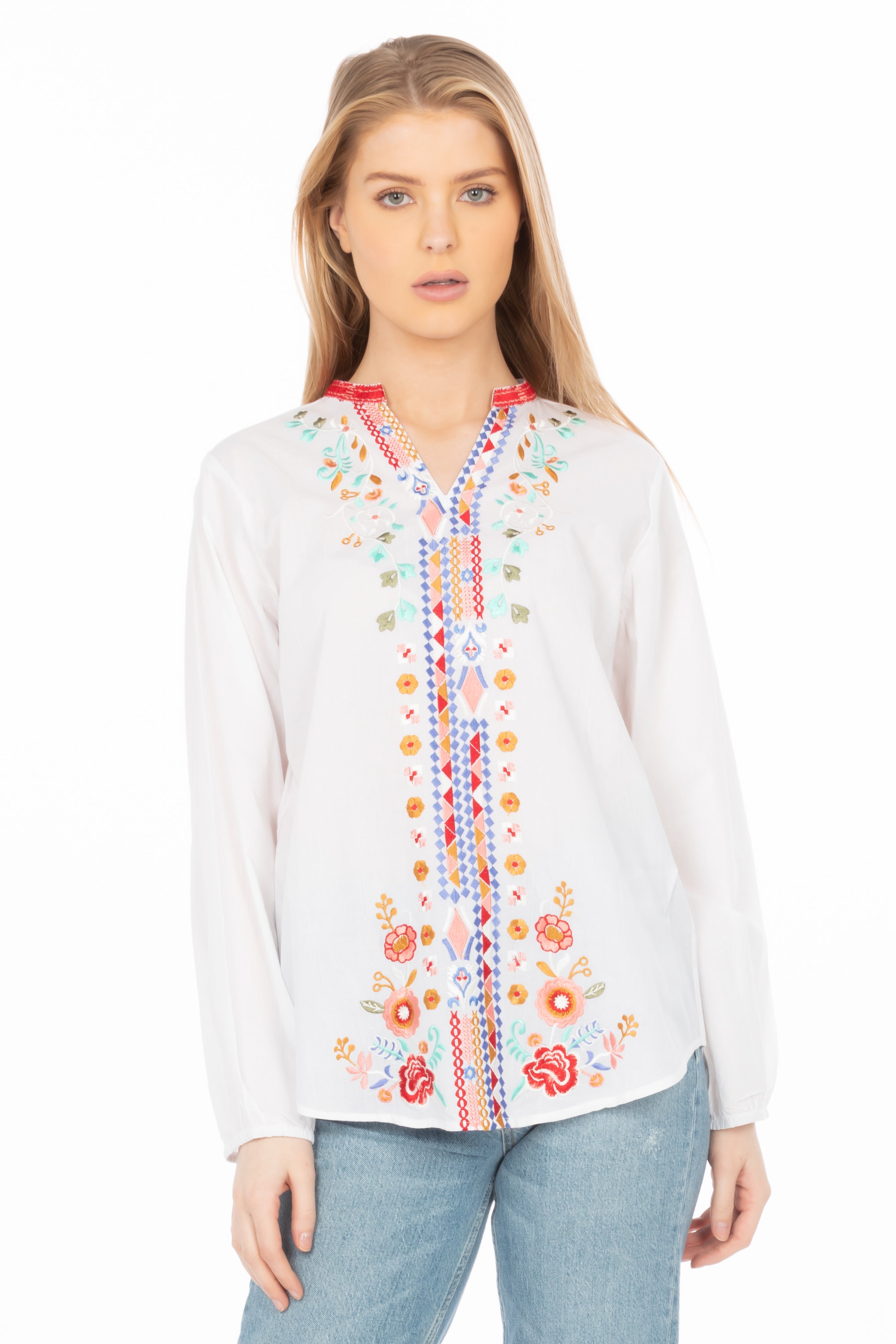 White Boho Blouse with Floral Embroidery