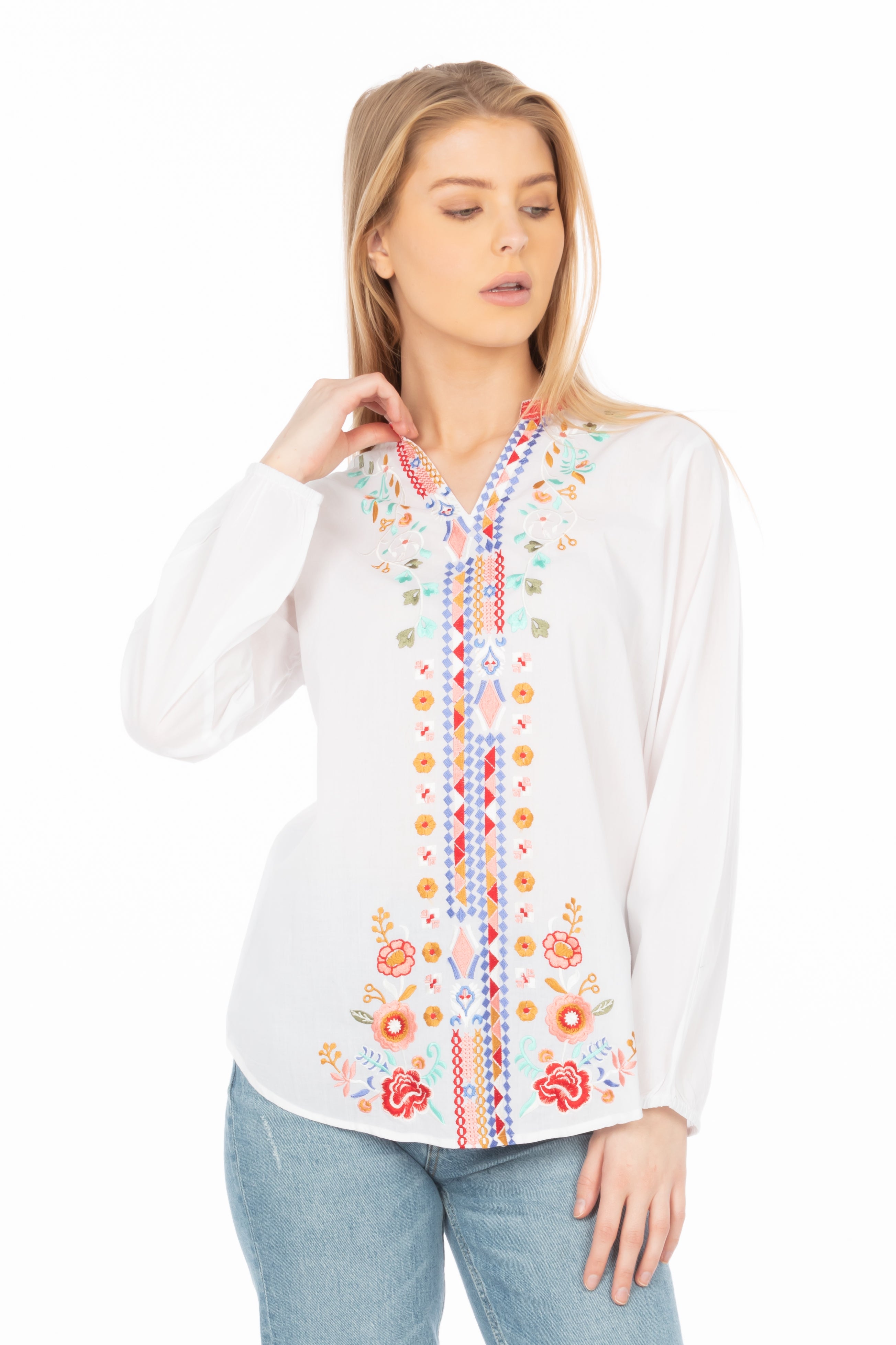 White Boho Blouse with Floral Embroidery