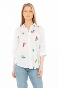 White Button Down Shirt with Floral Embroidery