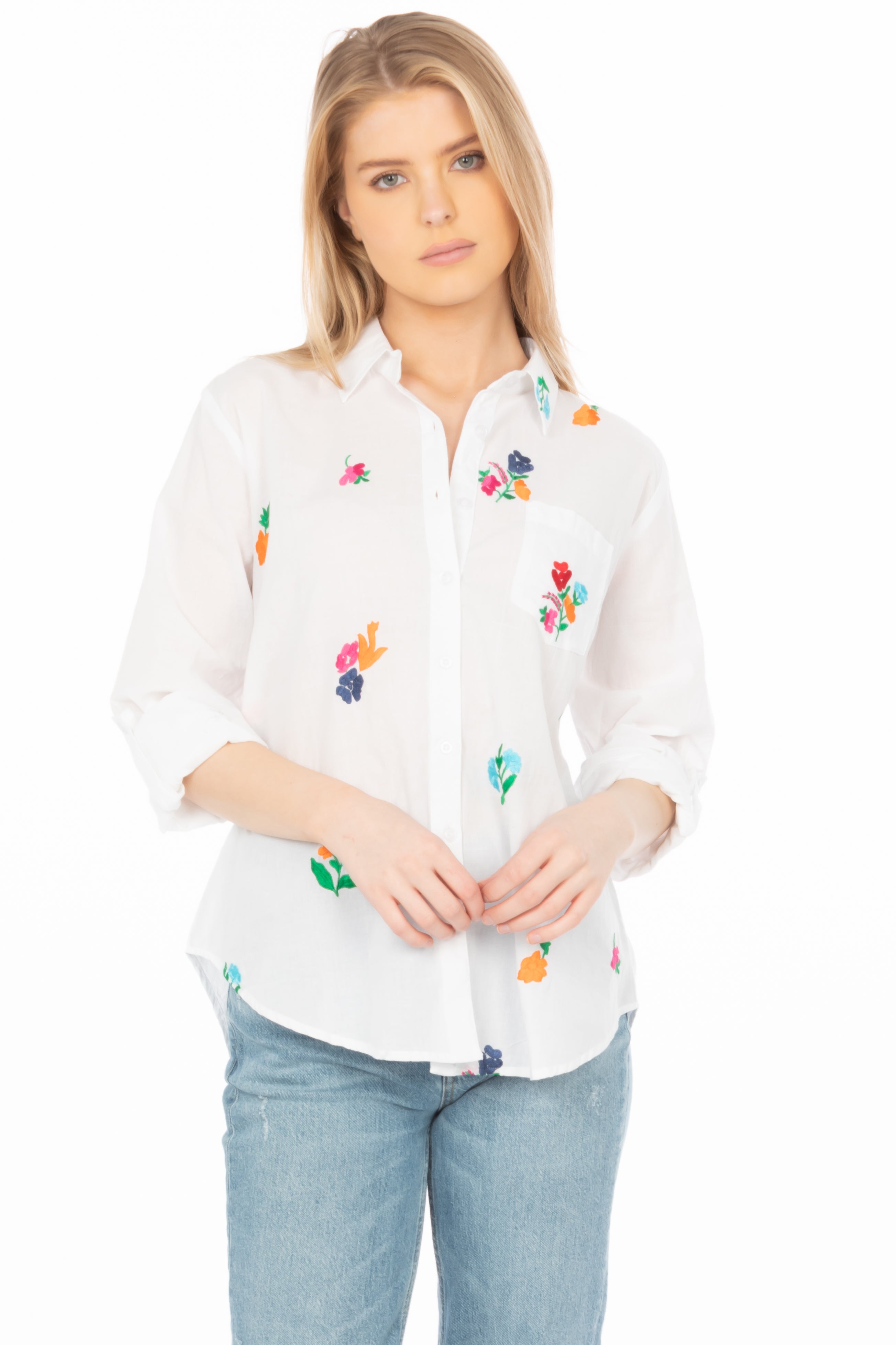 White Button Down Shirt with Floral Embroidery