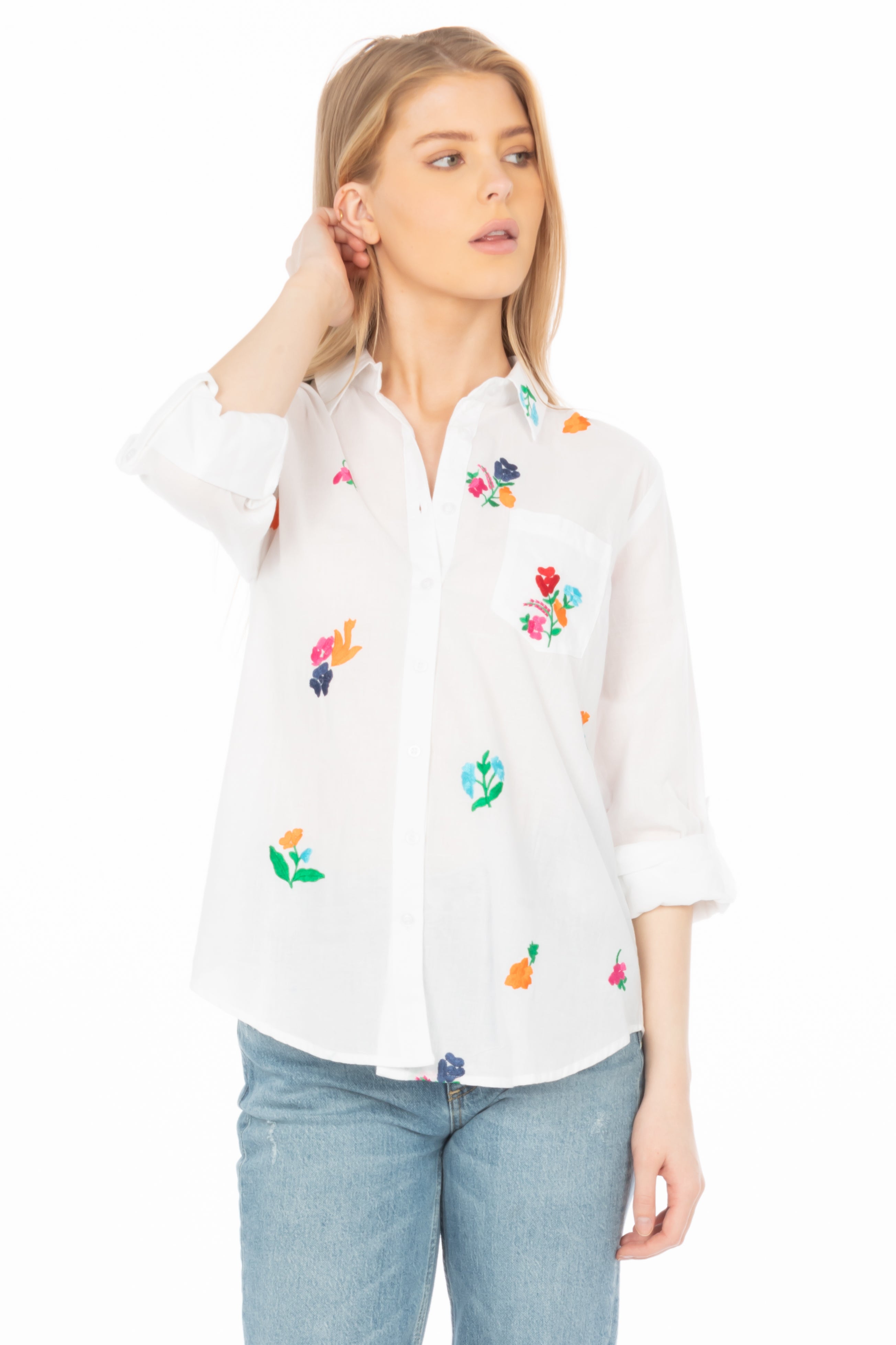 White Button Down Shirt with Floral Embroidery