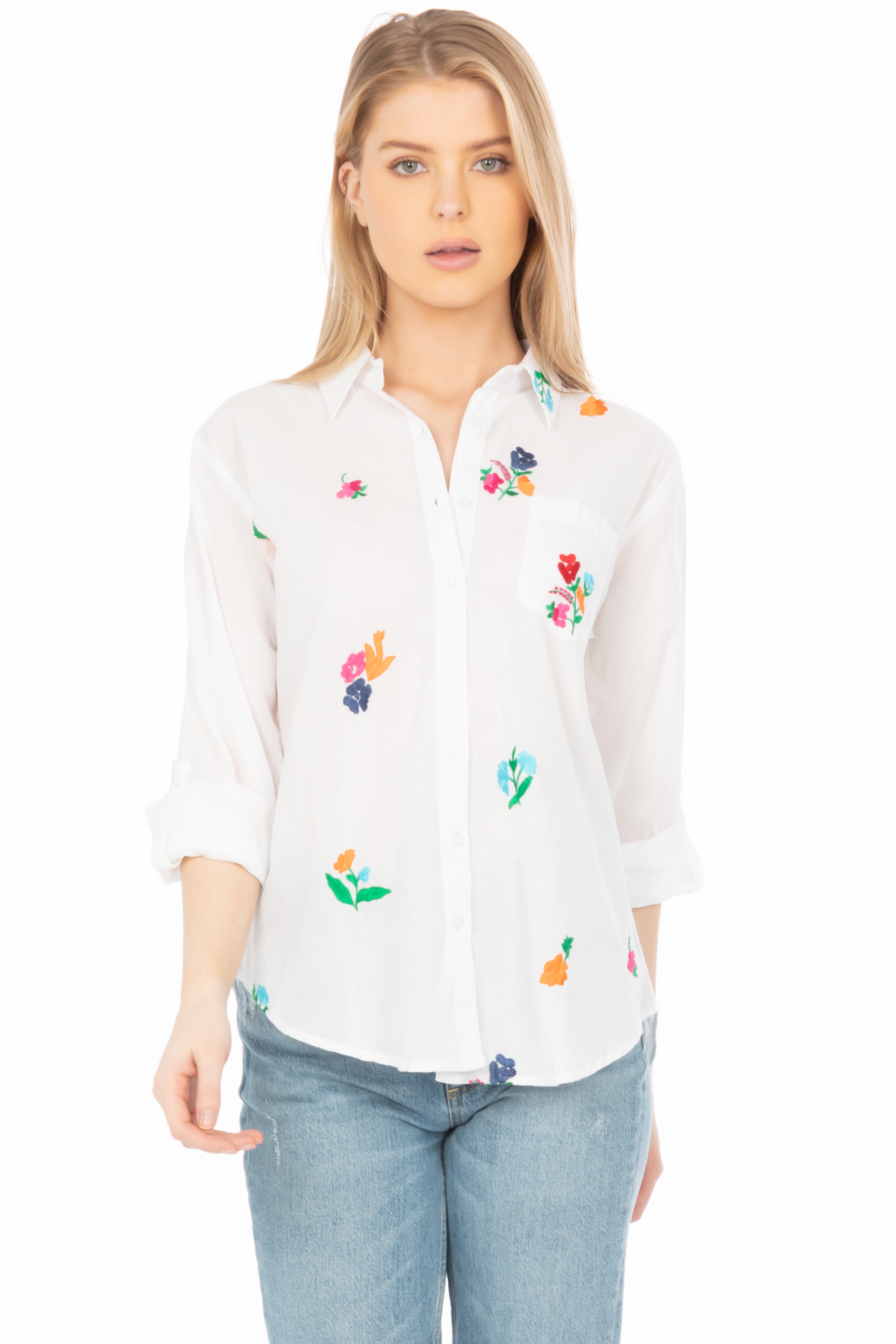 White Button Down Shirt with Floral Embroidery