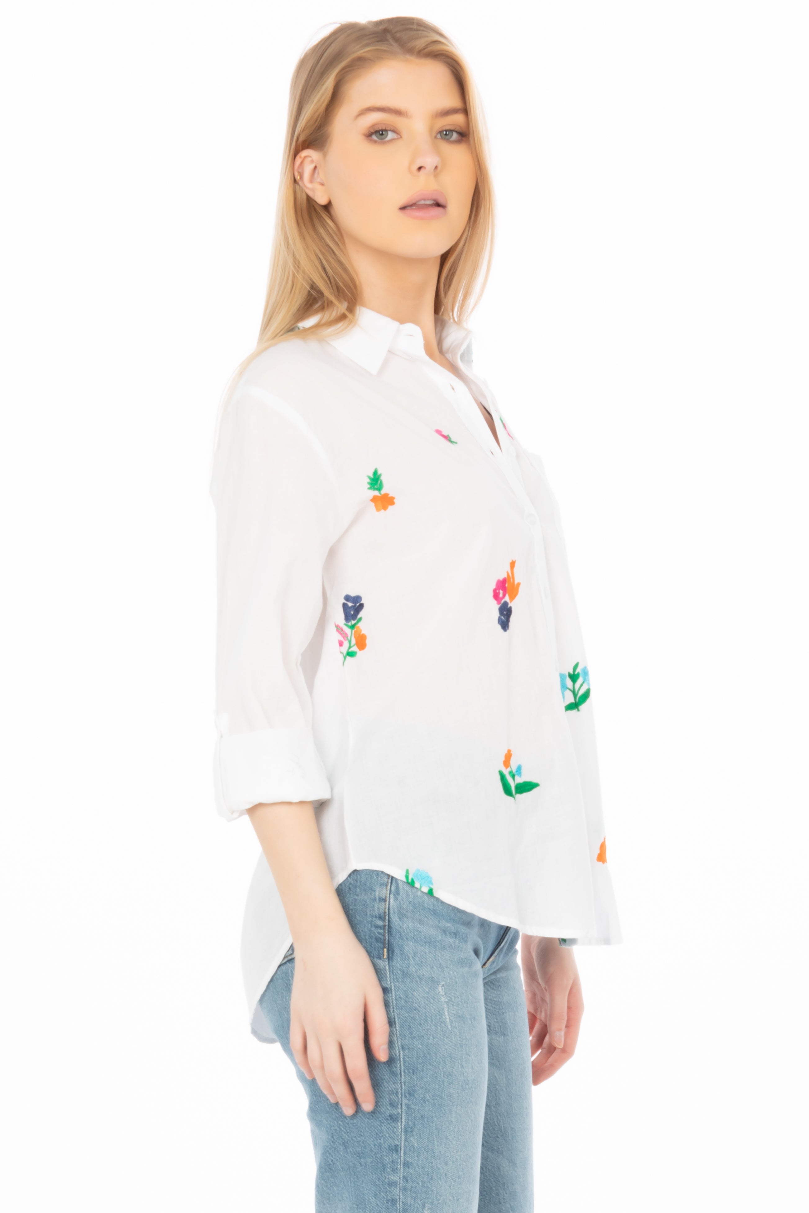 White Button Down Shirt with Floral Embroidery