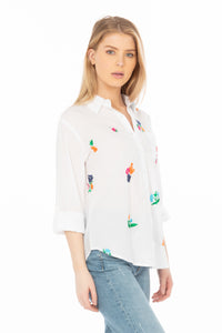 White Button Down Shirt with Floral Embroidery