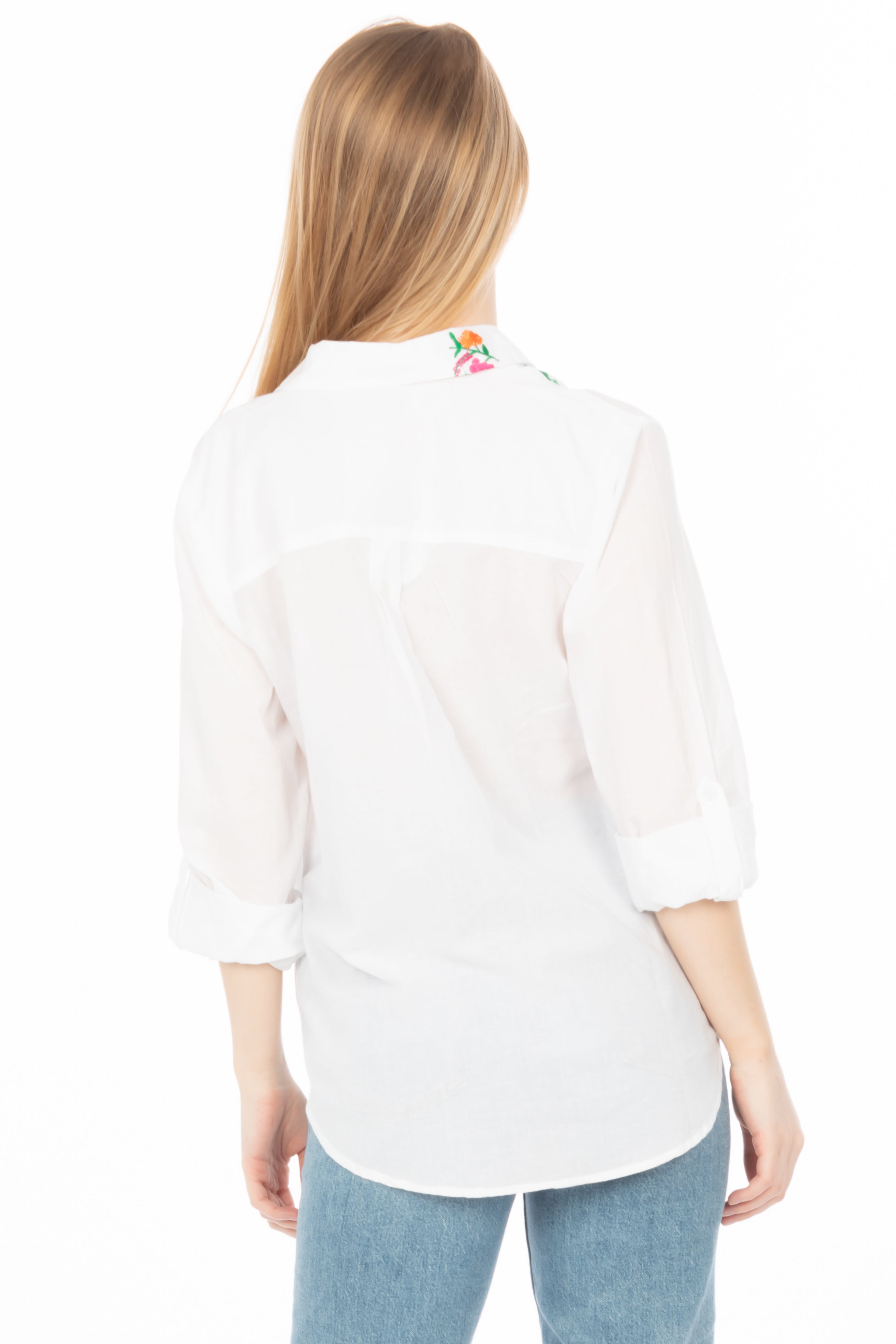 White Button Down Shirt with Floral Embroidery