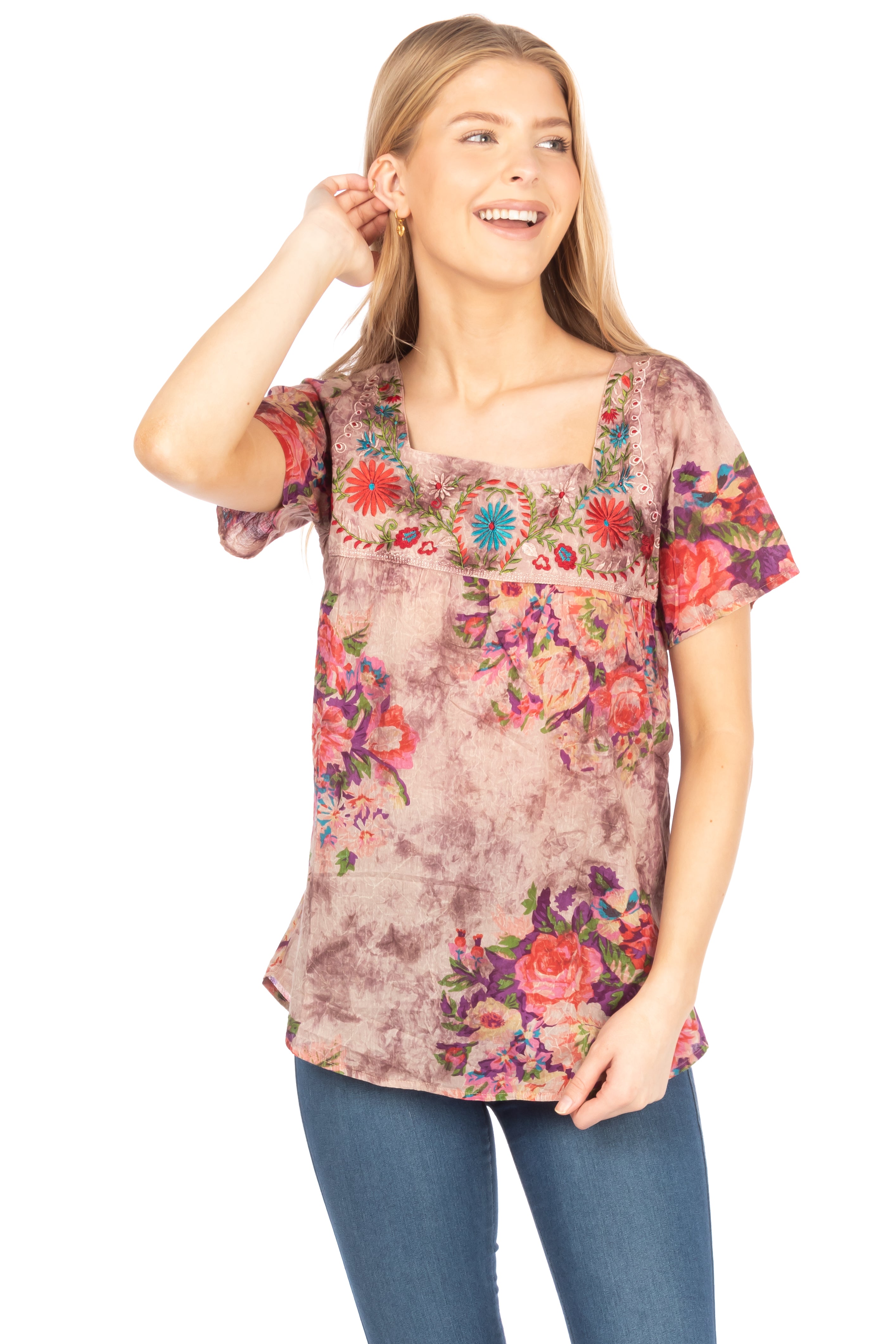 Square Neck Embroidered Boho Top